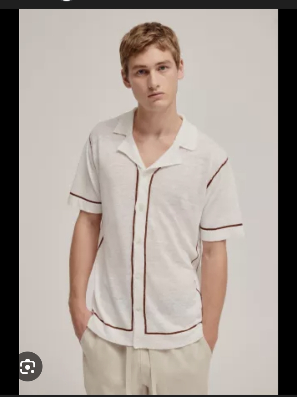 Venroy White Knit Short-Sleeve Button-Down Camp Shirt with Brown Trim_1